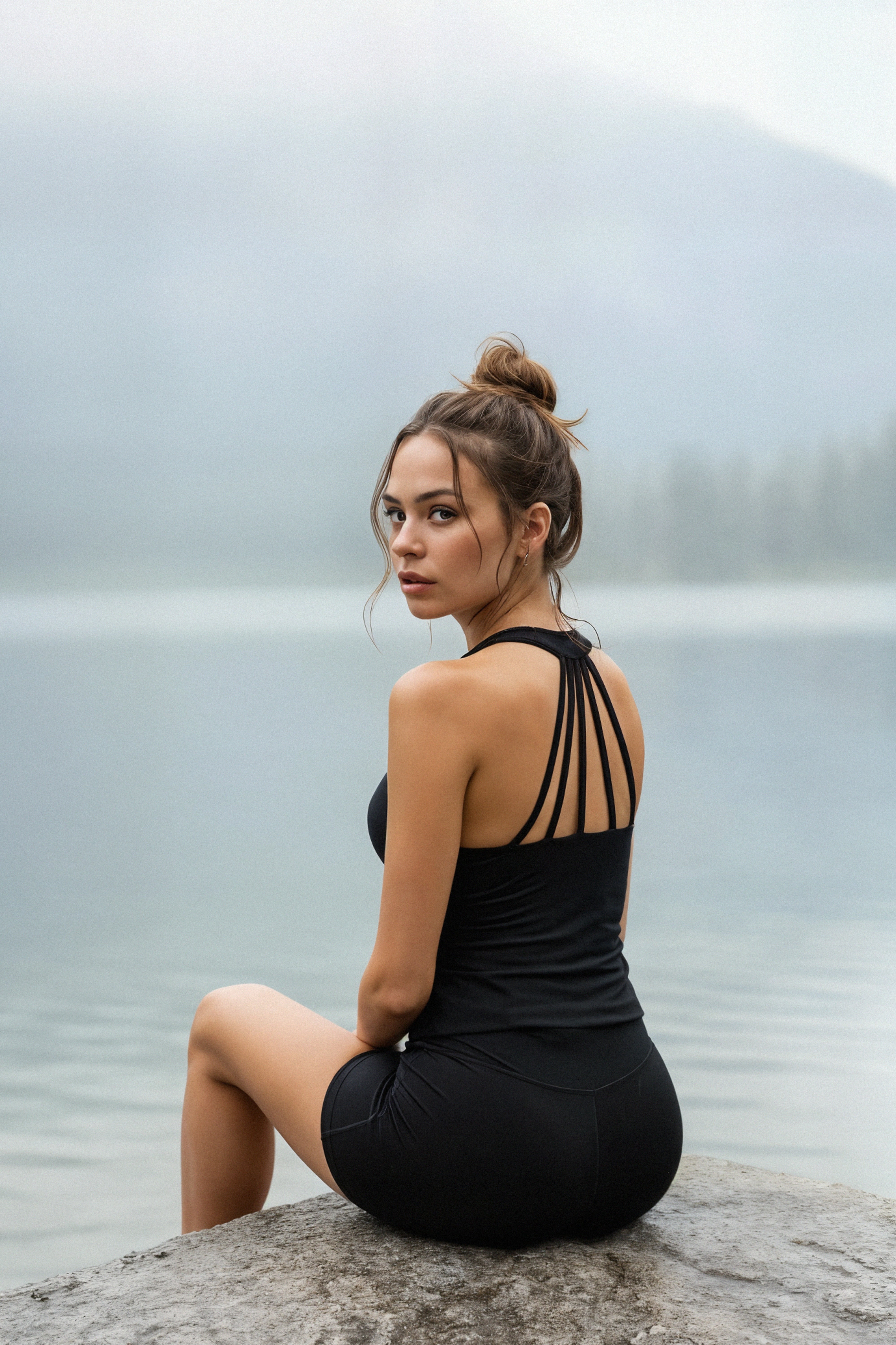 Woman in a midnight black strappy athletic outfit showing the back of her